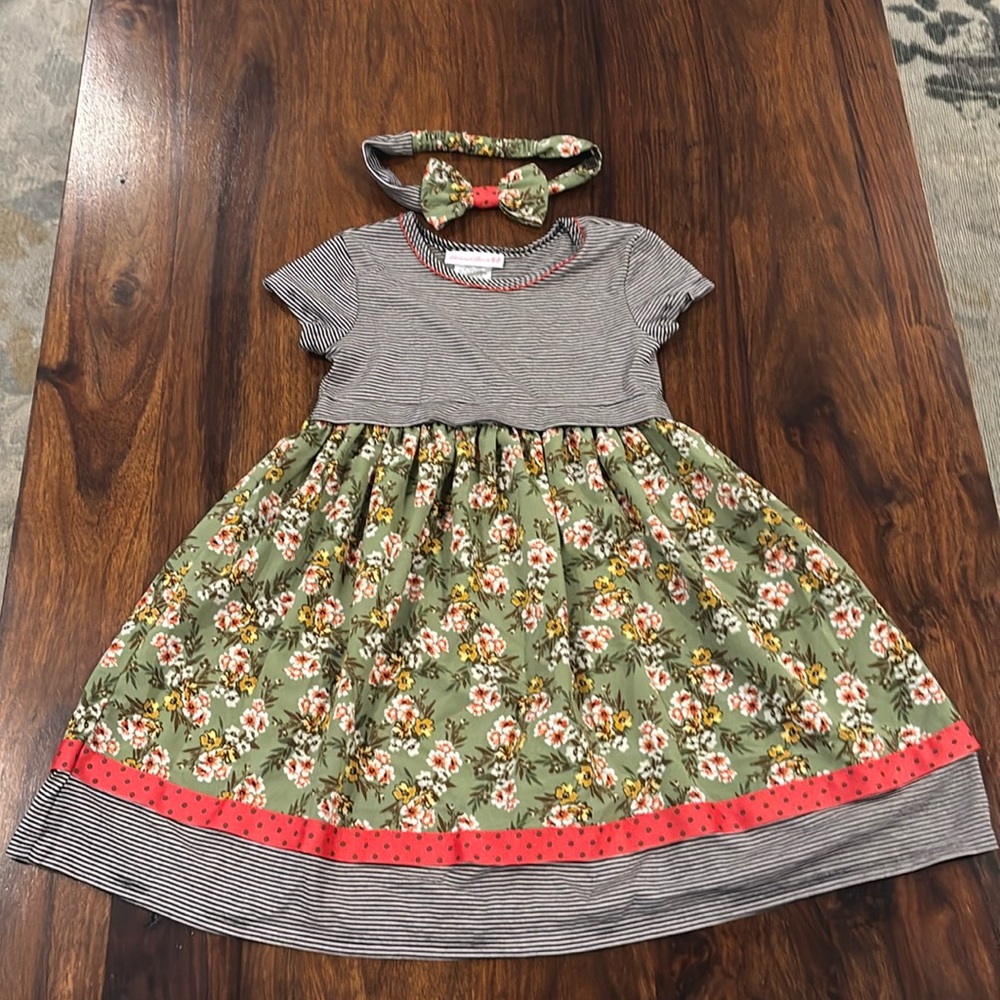 Bonnie Jean 5 Black & White Stripe & Green/Red Floral Dress + Matching Headband